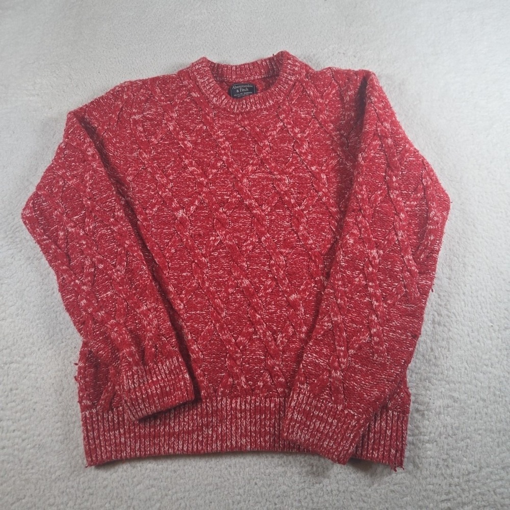 Abercrombie & Fitch Sweater Men L Red Chunky Knit Fishermen Crew Neck Wool Blend
